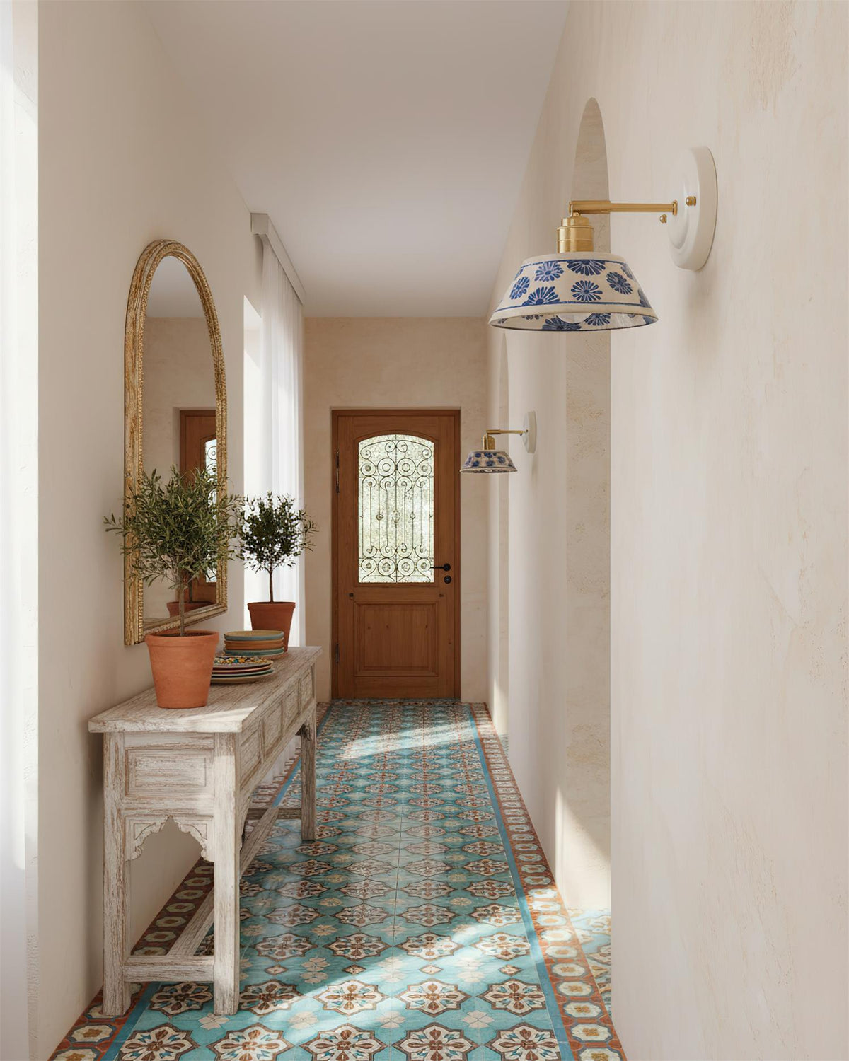 Ceramic Sconce with Brass Hardware in Blue & White – Hardwired E26 Socket for Bathroom, Bedroom & Hallway Accent Lighting | Thomler