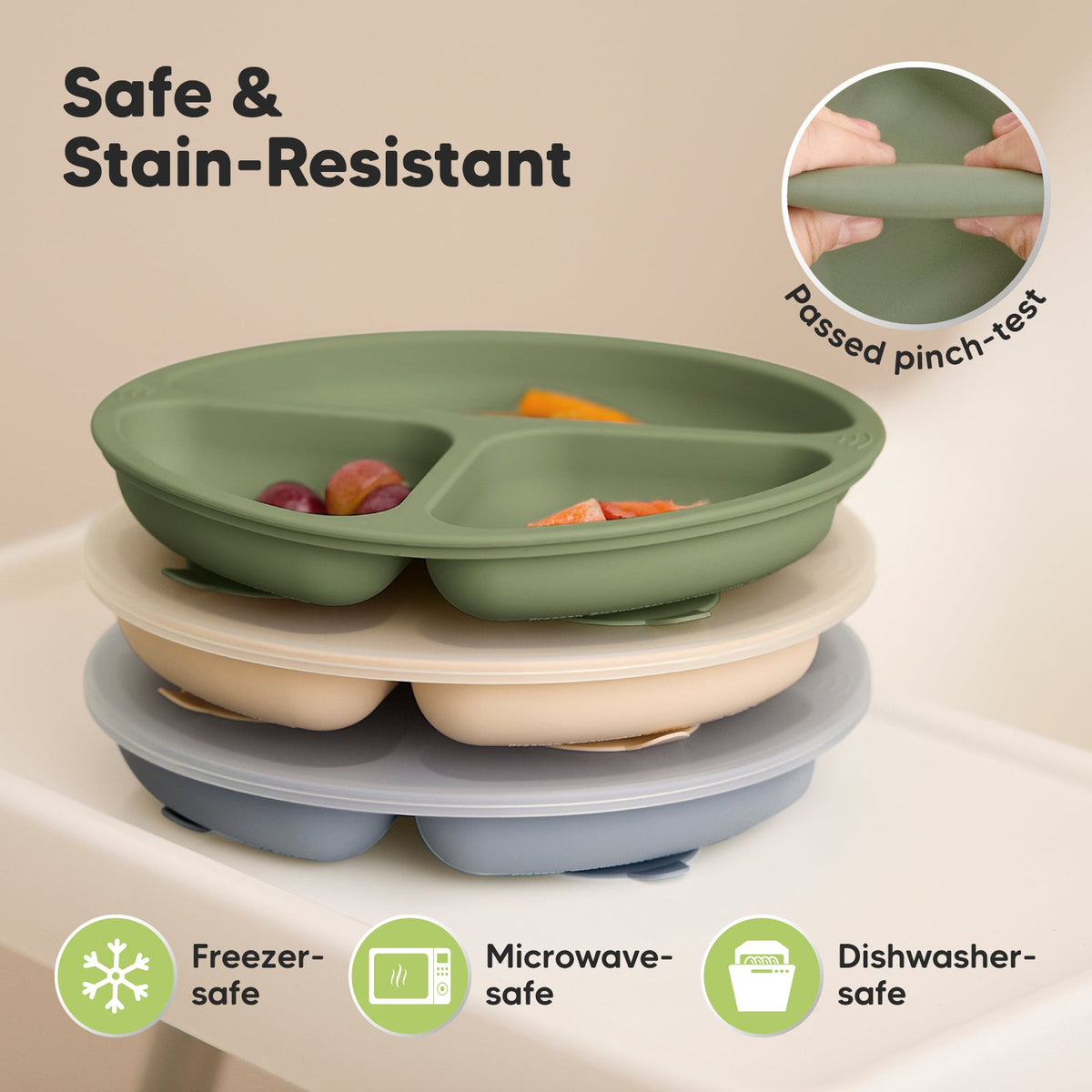 3-Pack Baby Silicone Suction Plates with Lids