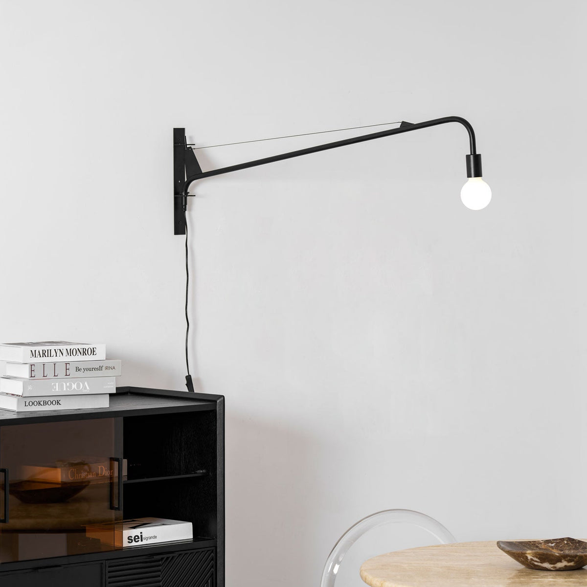 Adjustable Swing Arm Wall Sconce Black Iron 43 in Reach Modern Task Light for Office Living Room Bedroom Workspace Reading Ambient Lighting | Thomler