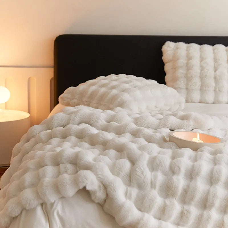 Plush Double-Layered Faux Rabbit Fur Throw Blanket – Lightweight Softness for Bed, Couch & Travel