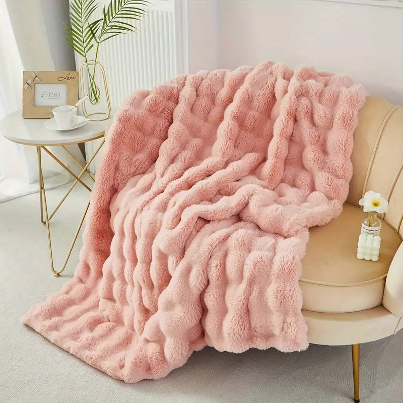 Plush Double-Layered Faux Rabbit Fur Throw Blanket – Lightweight Softness for Bed, Couch & Travel
