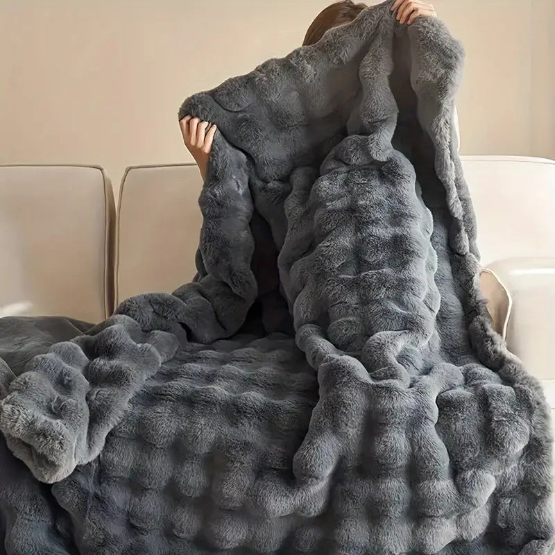 Plush Double-Layered Faux Rabbit Fur Throw Blanket – Lightweight Softness for Bed, Couch & Travel