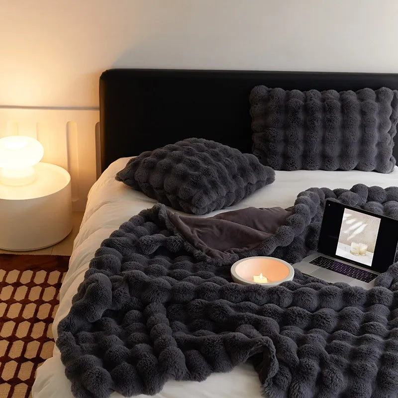 Plush Double-Layered Faux Rabbit Fur Throw Blanket – Lightweight Softness for Bed, Couch & Travel