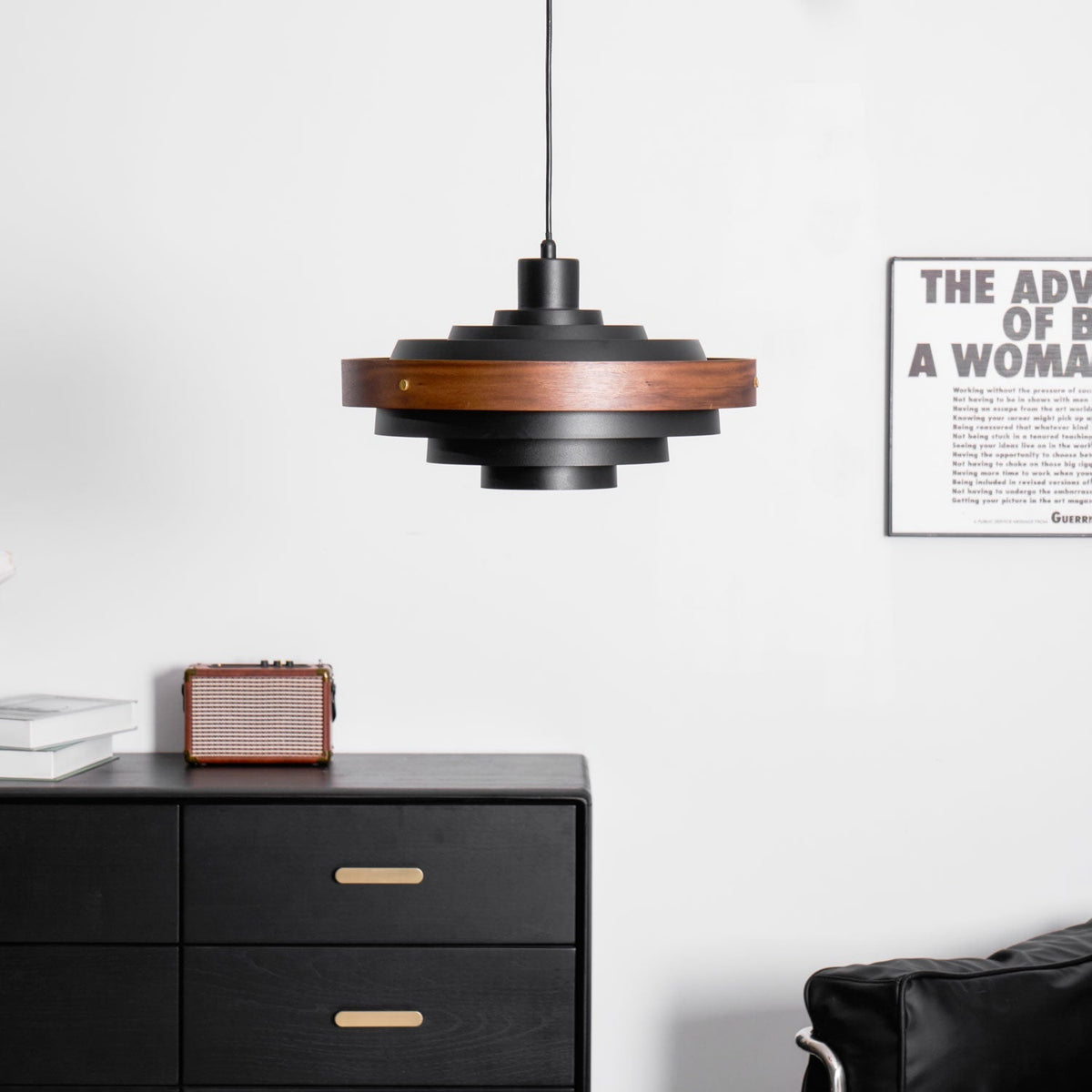 Swing Arm Ceiling Fixture with Layered Wood & Metal Shade – 16 in Diameter – Adjustable for Dining Room Kitchen Island Workspace – E26 Socke | Thomler
