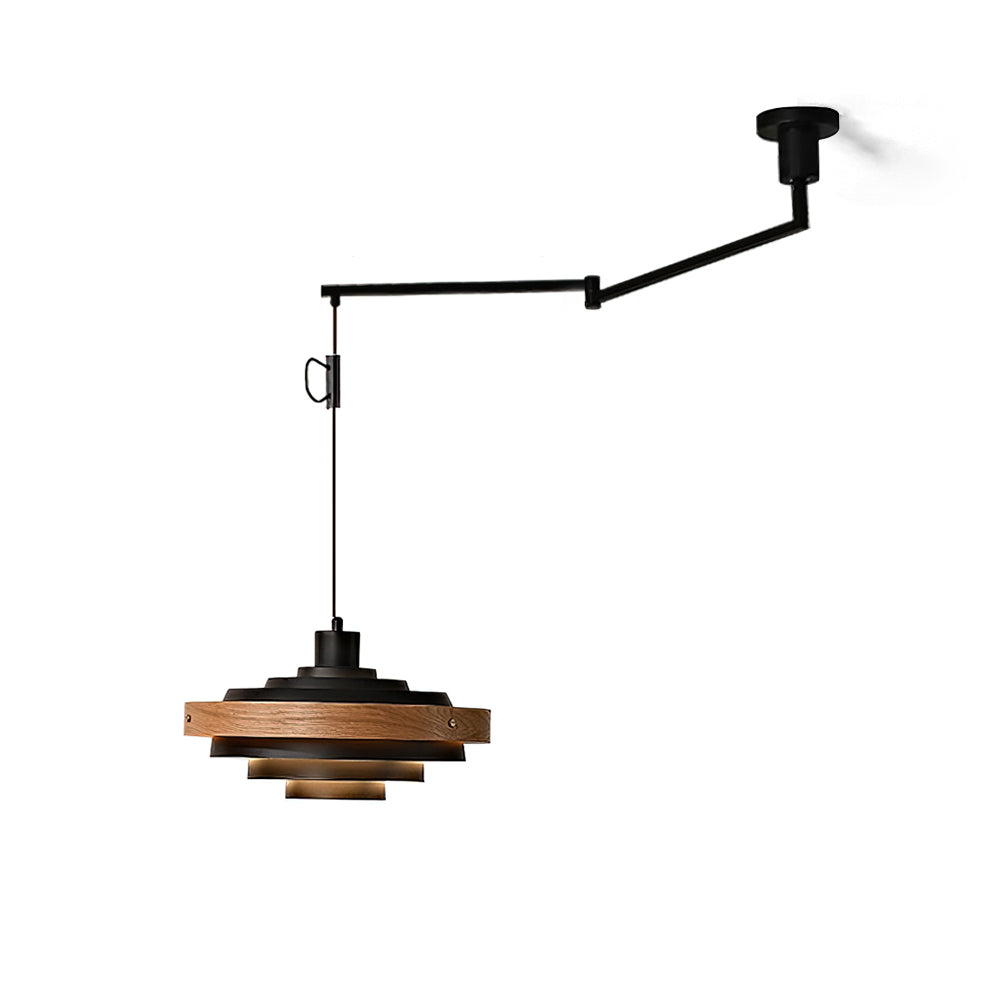 Swing Arm Ceiling Fixture with Layered Wood & Metal Shade – 16 in Diameter – Adjustable for Dining Room Kitchen Island Workspace – E26 Socke | Thomler
