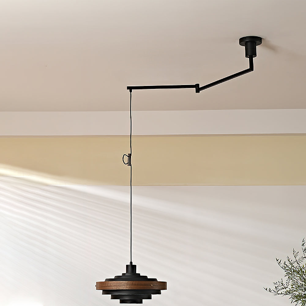 Swing Arm Ceiling Fixture with Layered Wood & Metal Shade – 16 in Diameter – Adjustable for Dining Room Kitchen Island Workspace – E26 Socke | Thomler