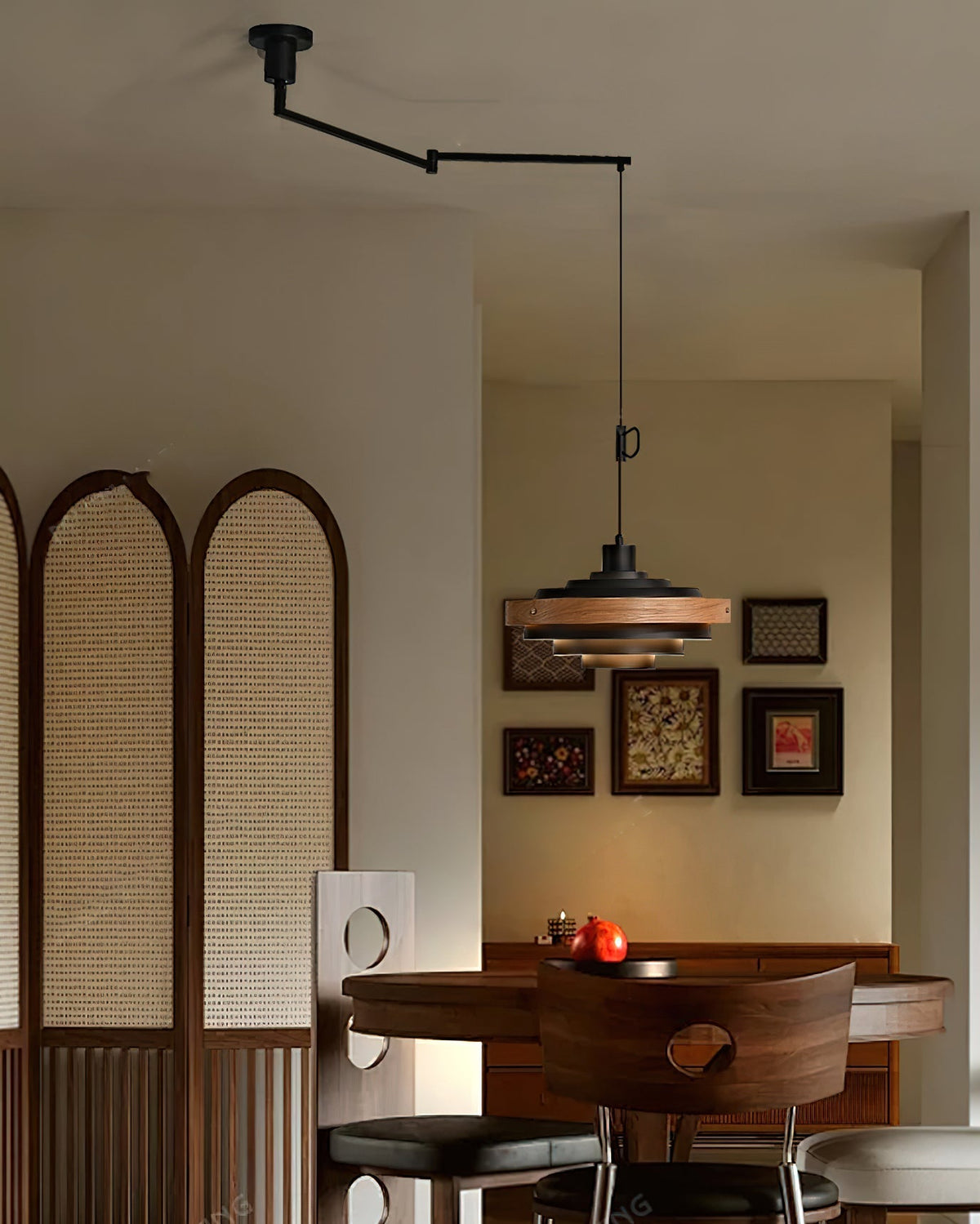 Swing Arm Ceiling Fixture with Layered Wood & Metal Shade – 16 in Diameter – Adjustable for Dining Room Kitchen Island Workspace – E26 Socke | Thomler