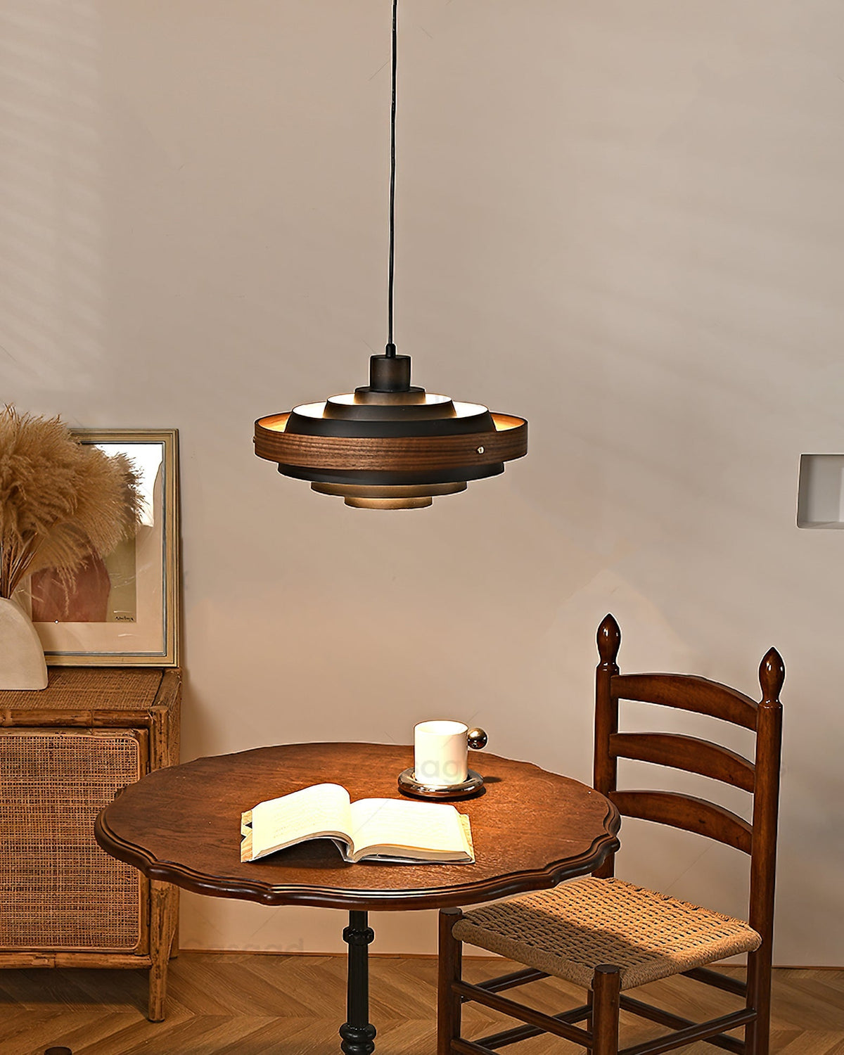 Swing Arm Ceiling Fixture with Layered Wood & Metal Shade – 16 in Diameter – Adjustable for Dining Room Kitchen Island Workspace – E26 Socke | Thomler
