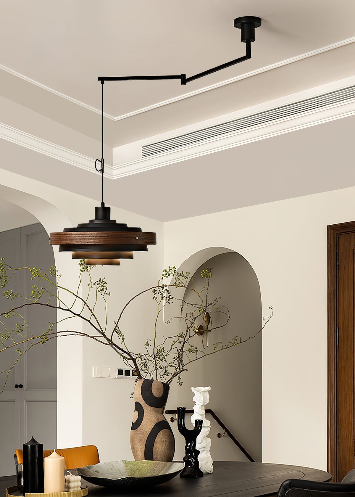 Swing Arm Ceiling Fixture with Layered Wood & Metal Shade – 16 in Diameter – Adjustable for Dining Room Kitchen Island Workspace – E26 Socke | Thomler
