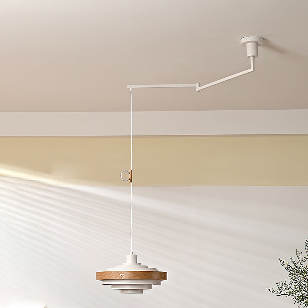 Swing Arm Ceiling Fixture with Layered Wood & Metal Shade – 16 in Diameter – Adjustable for Dining Room Kitchen Island Workspace – E26 Socke | Thomler