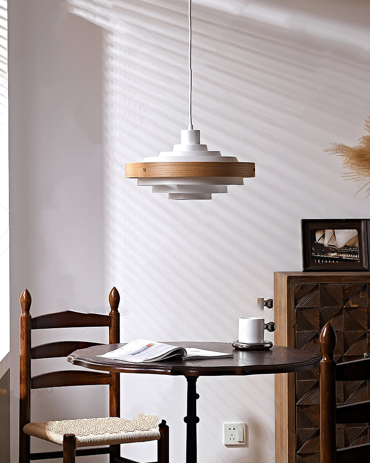 Swing Arm Ceiling Fixture with Layered Wood & Metal Shade – 16 in Diameter – Adjustable for Dining Room Kitchen Island Workspace – E26 Socke | Thomler