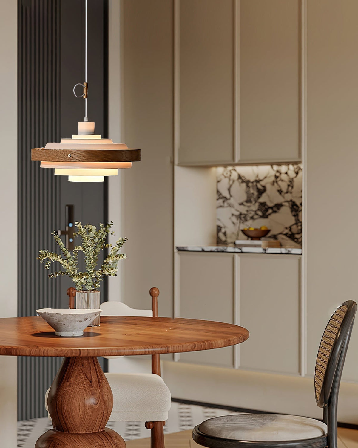 Swing Arm Ceiling Fixture with Layered Wood & Metal Shade – 16 in Diameter – Adjustable for Dining Room Kitchen Island Workspace – E26 Socke | Thomler