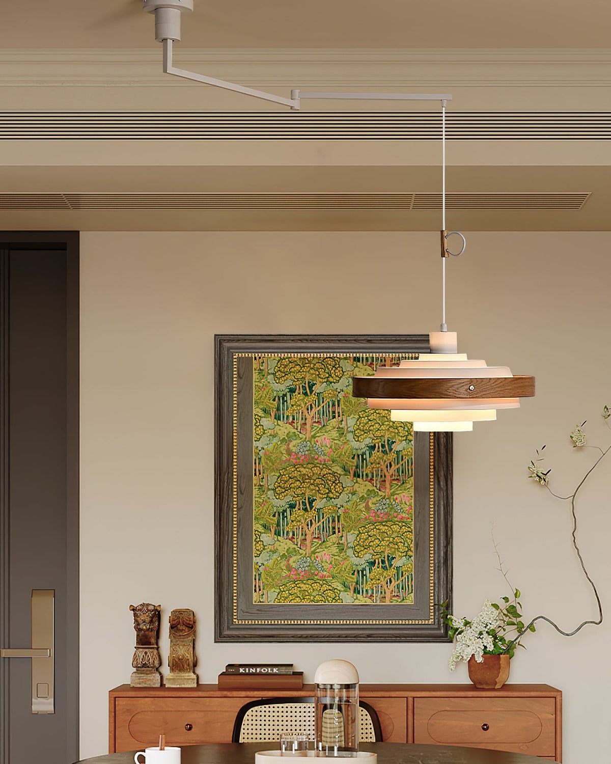 Swing Arm Ceiling Fixture with Layered Wood & Metal Shade – 16 in Diameter – Adjustable for Dining Room Kitchen Island Workspace – E26 Socke | Thomler