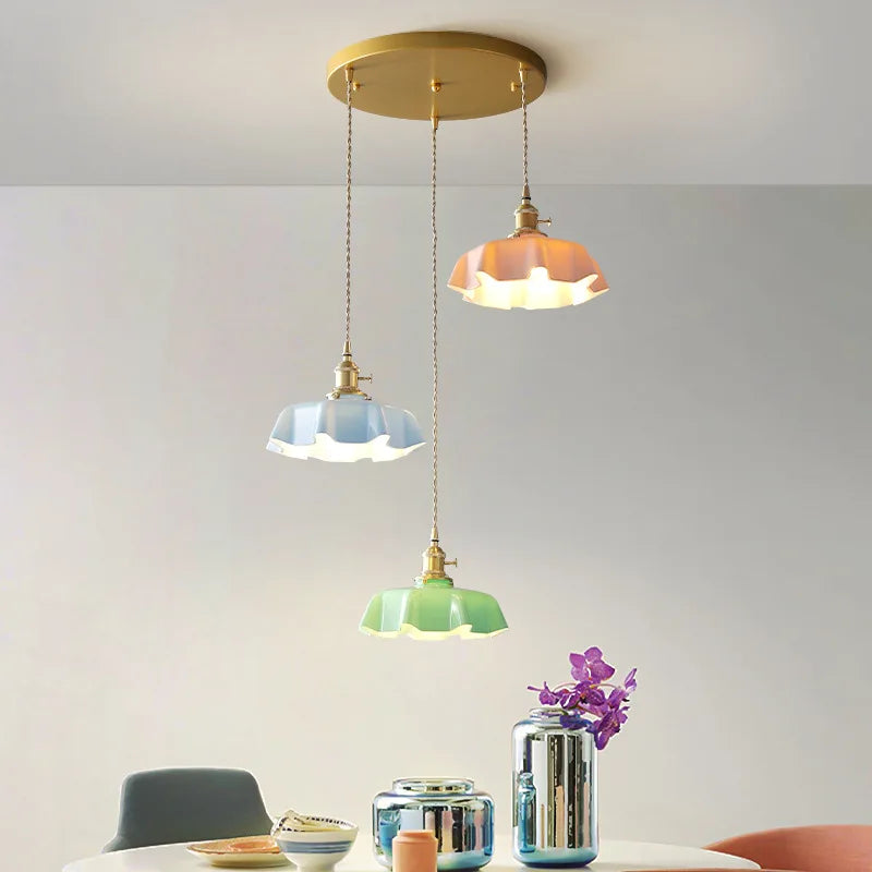 Wavy Glass Hanging Light 9 in Pastel Shade Brass Accent for Kitchen Island Dining Room Adjustable Drop E27 Bulb Socket Vintage French Style | Thomler