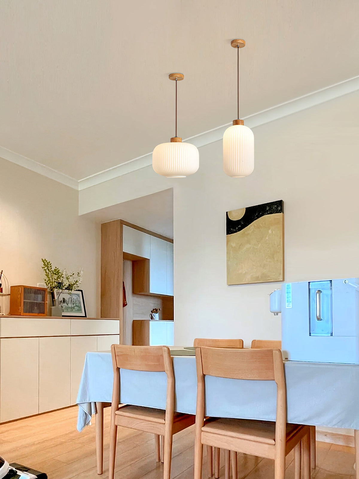 Hanging Ceiling Light with Frosted Shade and Natural Accents for Kitchen Island Dining Room Bedroom | Modern Drop Fixture E26 Socket 110V In | Thomler