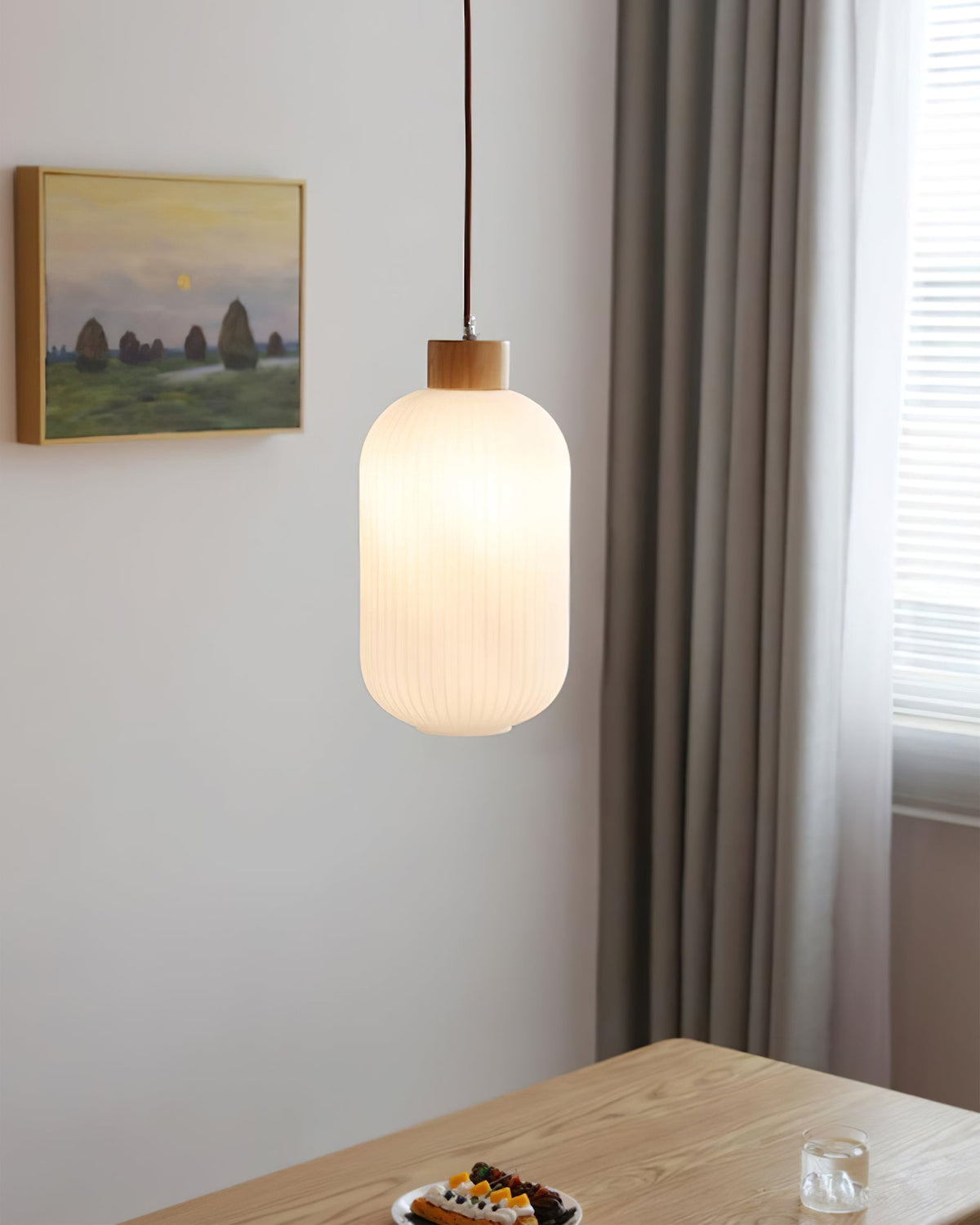 Hanging Ceiling Light with Frosted Shade and Natural Accents for Kitchen Island Dining Room Bedroom | Modern Drop Fixture E26 Socket 110V In | Thomler