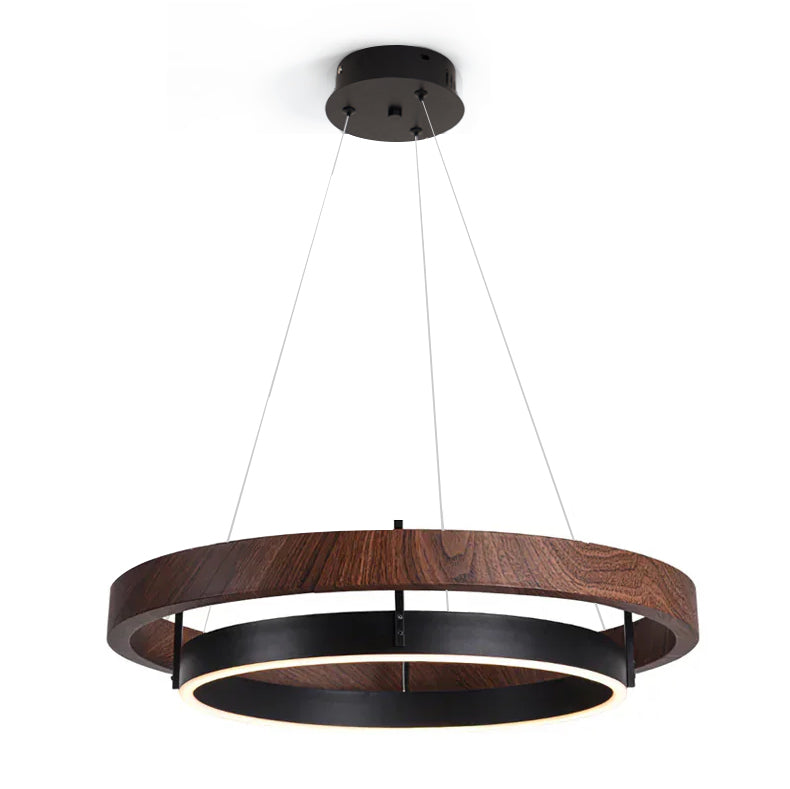 Dual-Ring LED Overhead Fixture Walnut & Black Finish Contemporary Dining Room Suspended Lighting 24-40 Inch Ceiling Mount | Thomler