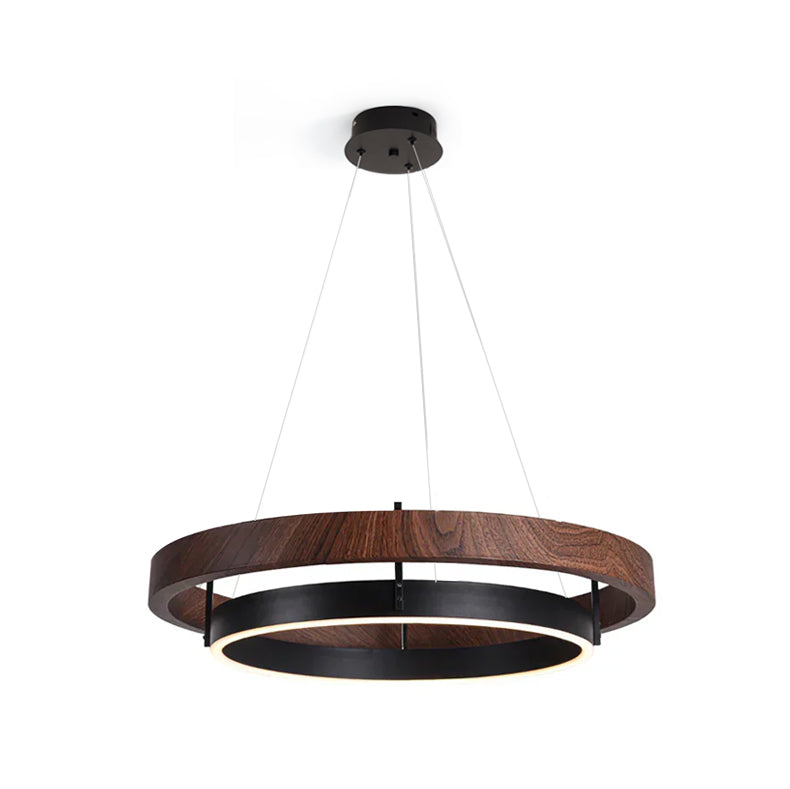 Dual-Ring LED Overhead Fixture Walnut & Black Finish Contemporary Dining Room Suspended Lighting 24-40 Inch Ceiling Mount | Thomler