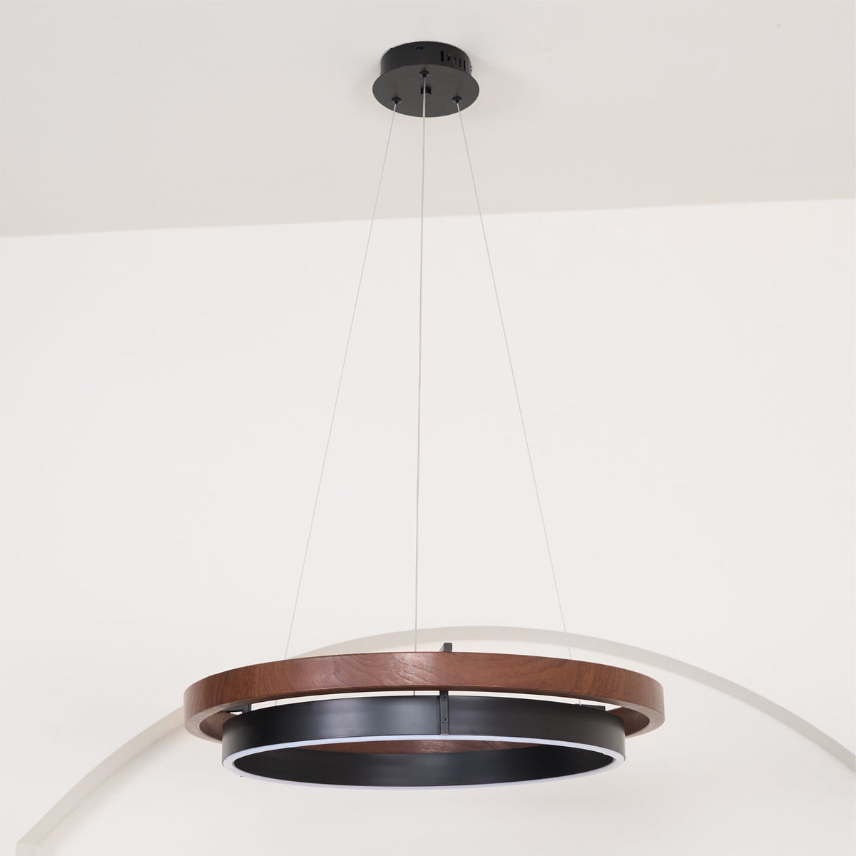 Dual-Ring LED Overhead Fixture Walnut & Black Finish Contemporary Dining Room Suspended Lighting 24-40 Inch Ceiling Mount | Thomler