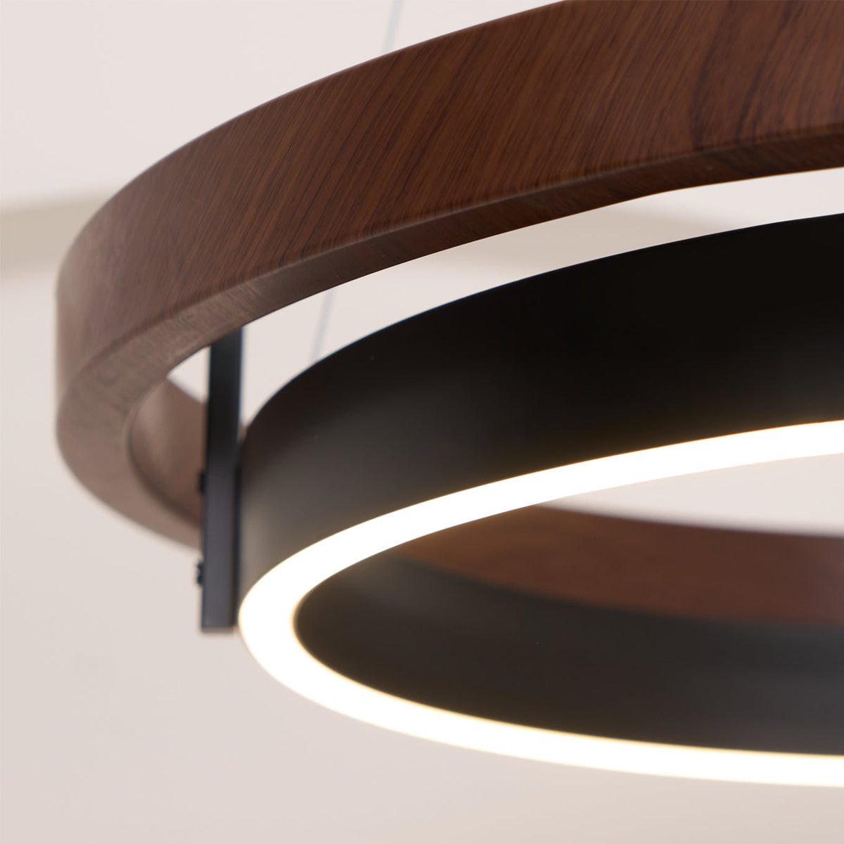 Dual-Ring LED Overhead Fixture Walnut & Black Finish Contemporary Dining Room Suspended Lighting 24-40 Inch Ceiling Mount | Thomler