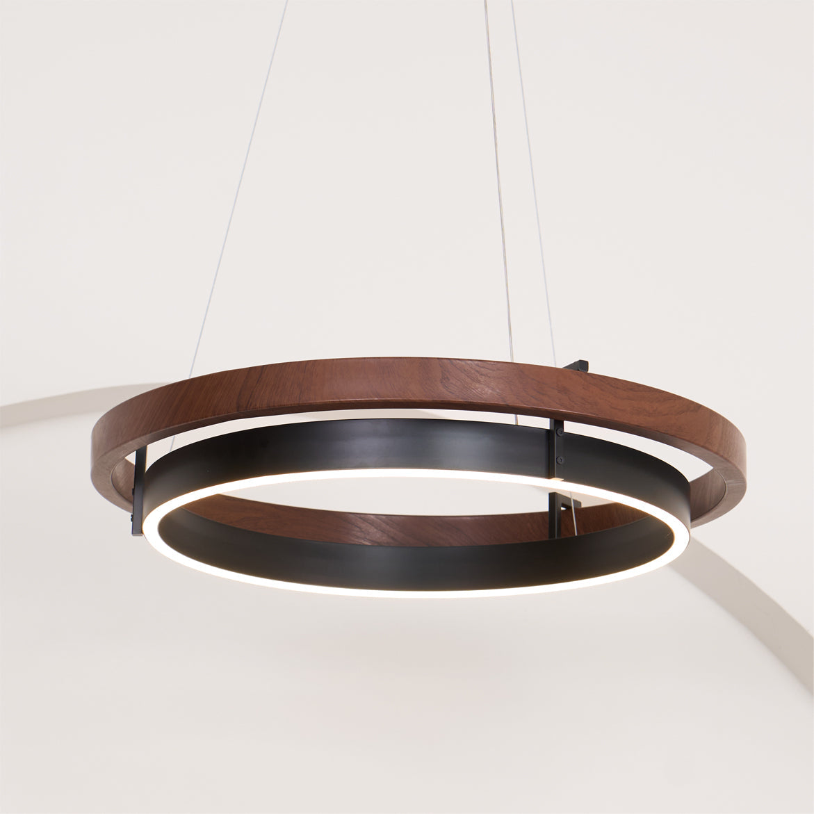 Dual-Ring LED Overhead Fixture Walnut & Black Finish Contemporary Dining Room Suspended Lighting 24-40 Inch Ceiling Mount | Thomler