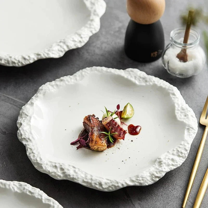Ceramic Dinner Plate with Textured Rock Edge Design for Kitchen & Dining Room Tables 8-11 inch Natural Tableware | Thomler