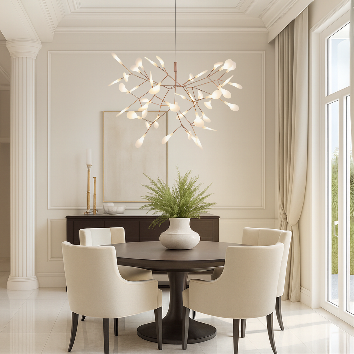 Hängelampe in Roségold, 71 cm breit, 45 LED-Zweige, moderner Kronleuchter für Esszimmer, Wohnzimmer, hohe Decken, Kücheninsel, Ambiente | Thomler