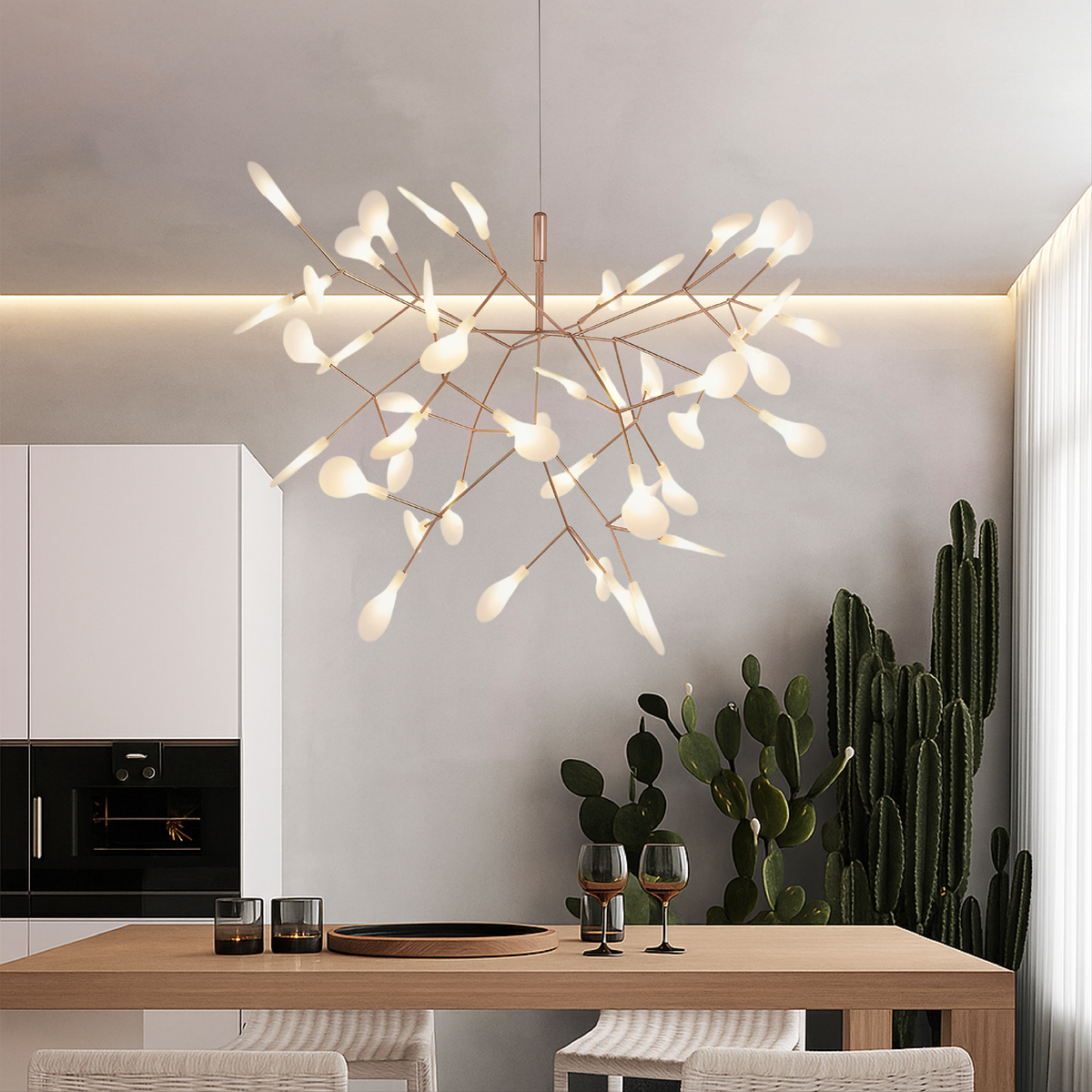 Rose goudkleurige hanglamp, 71 cm breed, 45 LED-takken, moderne eetkamerkroonluchter voor woonkamer, hoog plafond, kookeiland, sfeerverlichting | Thomler