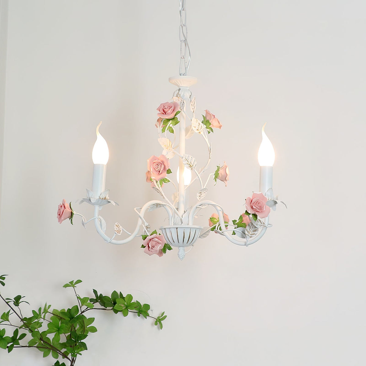 Keramische bloemenlamp met meerdere armen, 30 inch, roze, wit, groen, metalen frame, verstelbare ketting, E14-fitting voor eetkamer, woonkamer | Thomler