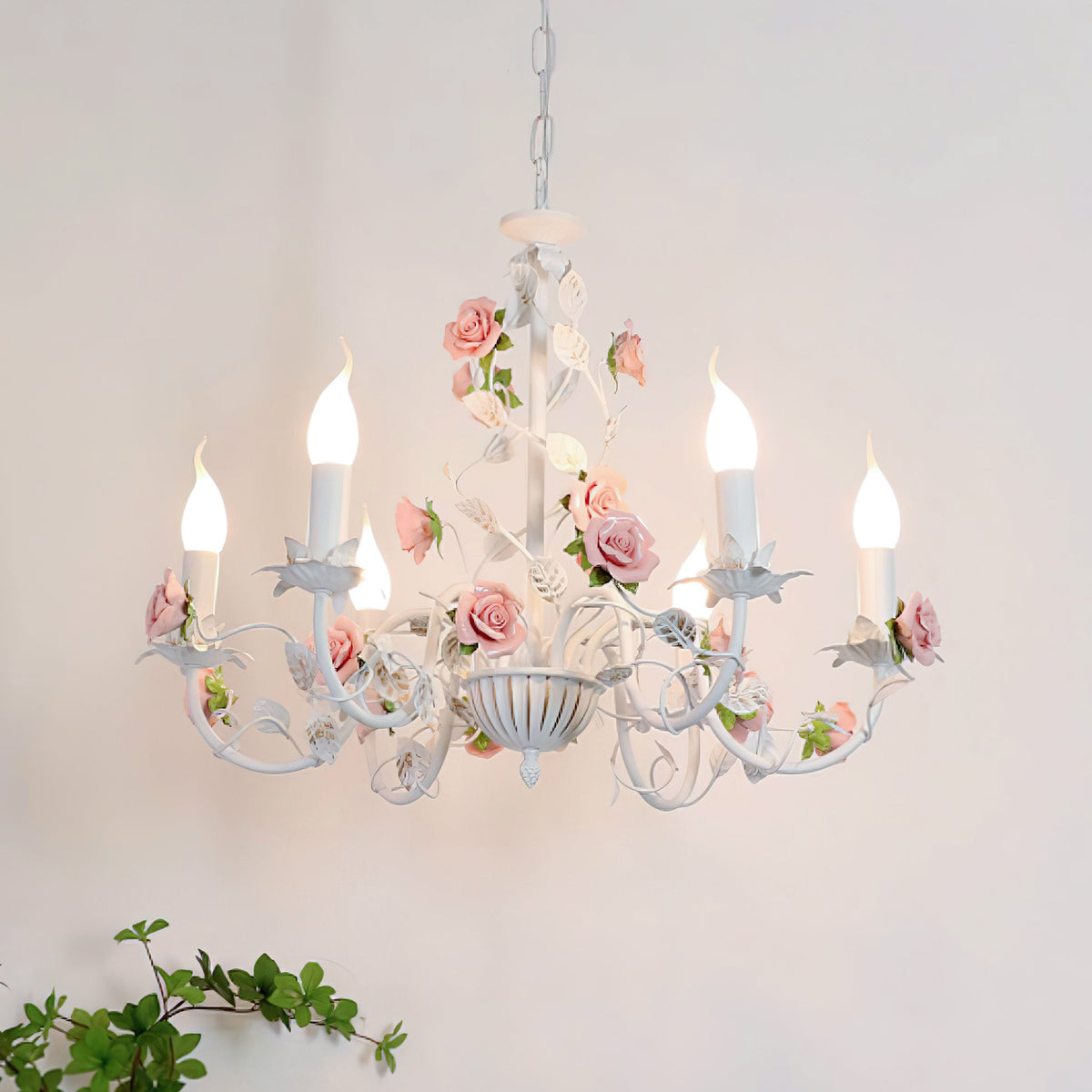 Keramische bloemenlamp met meerdere armen, 30 inch, roze, wit, groen, metalen frame, verstelbare ketting, E14-fitting voor eetkamer, woonkamer | Thomler