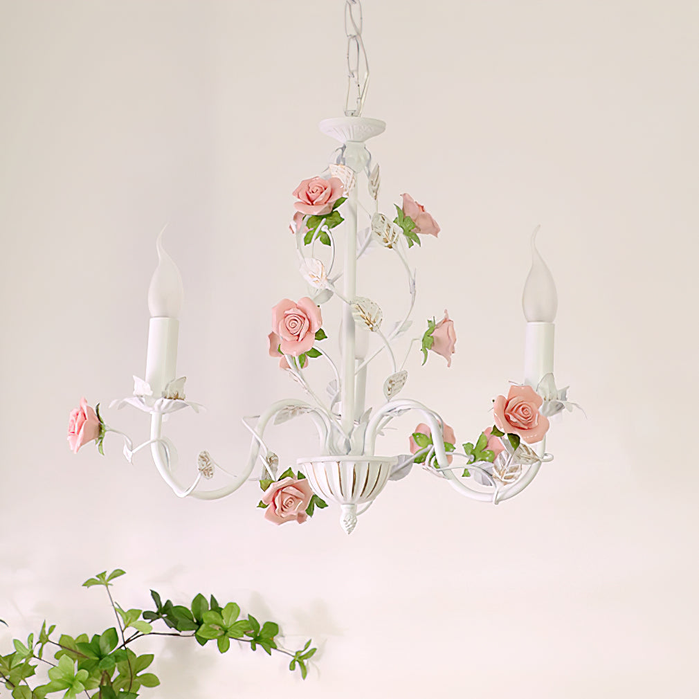 Keramische bloemenlamp met meerdere armen, 30 inch, roze, wit, groen, metalen frame, verstelbare ketting, E14-fitting voor eetkamer, woonkamer | Thomler