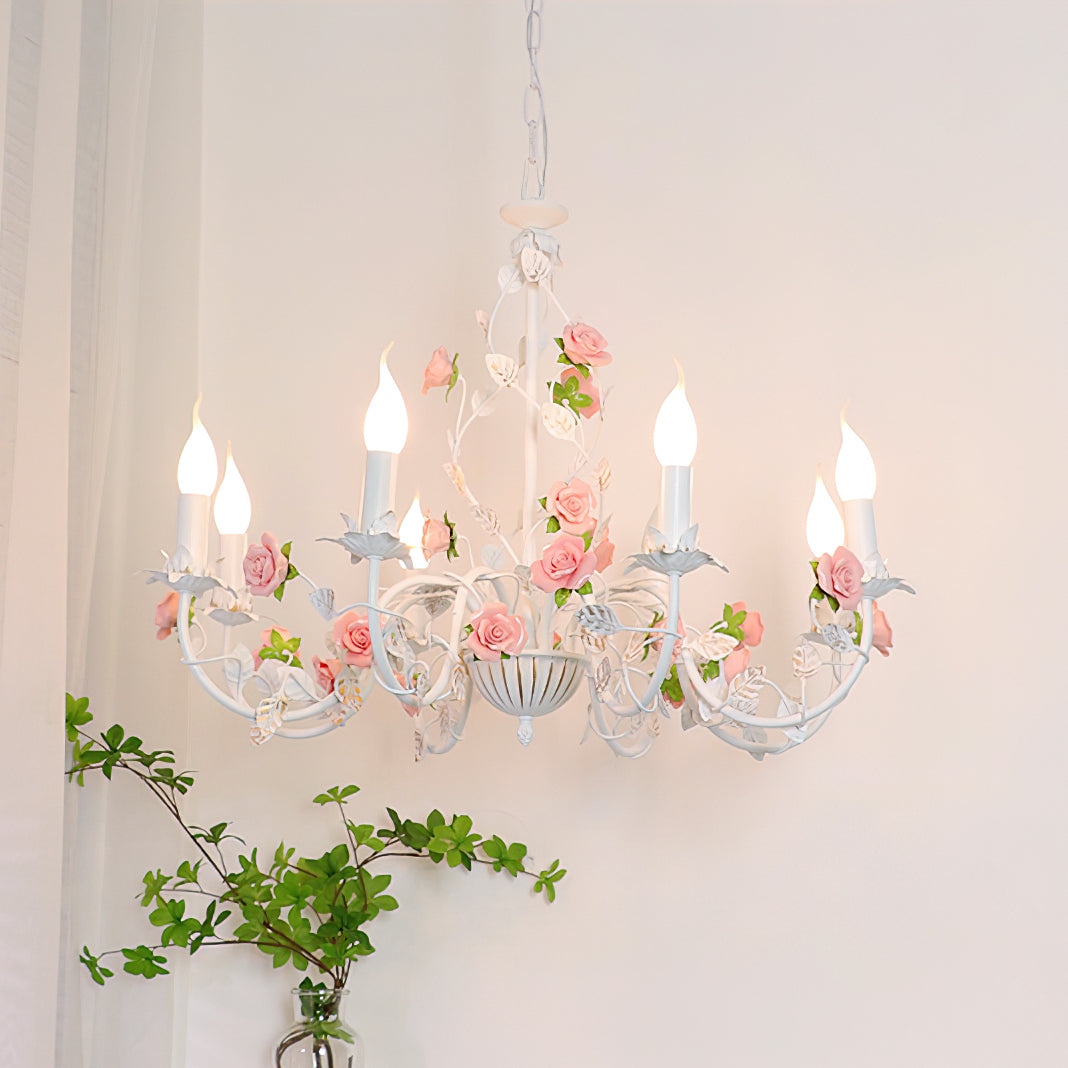 Keramische bloemenlamp met meerdere armen, 30 inch, roze, wit, groen, metalen frame, verstelbare ketting, E14-fitting voor eetkamer, woonkamer | Thomler