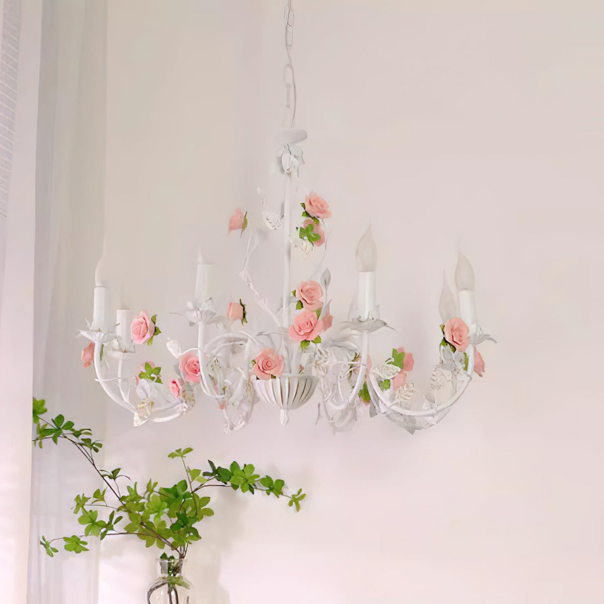 Keramische bloemenlamp met meerdere armen, 30 inch, roze, wit, groen, metalen frame, verstelbare ketting, E14-fitting voor eetkamer, woonkamer | Thomler