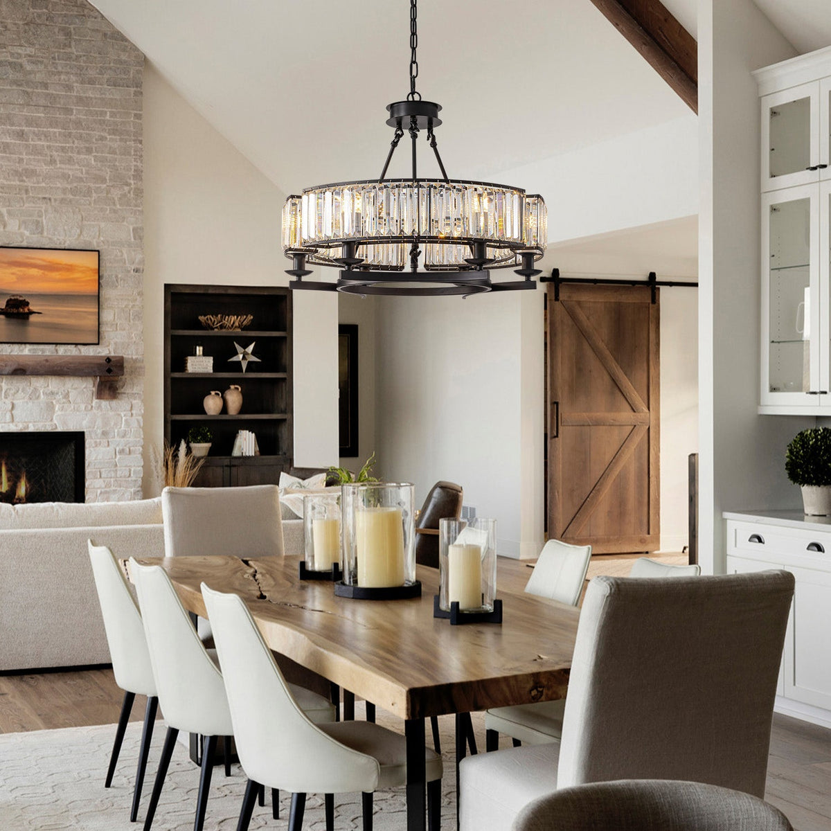 Round Overhead Fixture with Hanging Prisms for Dining Areas, Open-Concept Kitchens & Farmhouse Interiors | Adjustable Height, Wagon Wheel Fr | Thomler