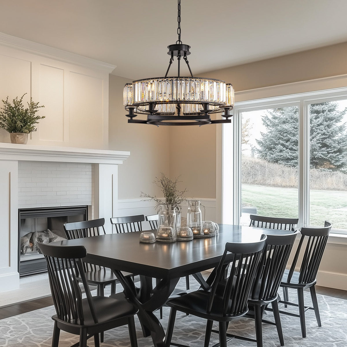 Round Overhead Fixture with Hanging Prisms for Dining Areas, Open-Concept Kitchens & Farmhouse Interiors | Adjustable Height, Wagon Wheel Fr | Thomler