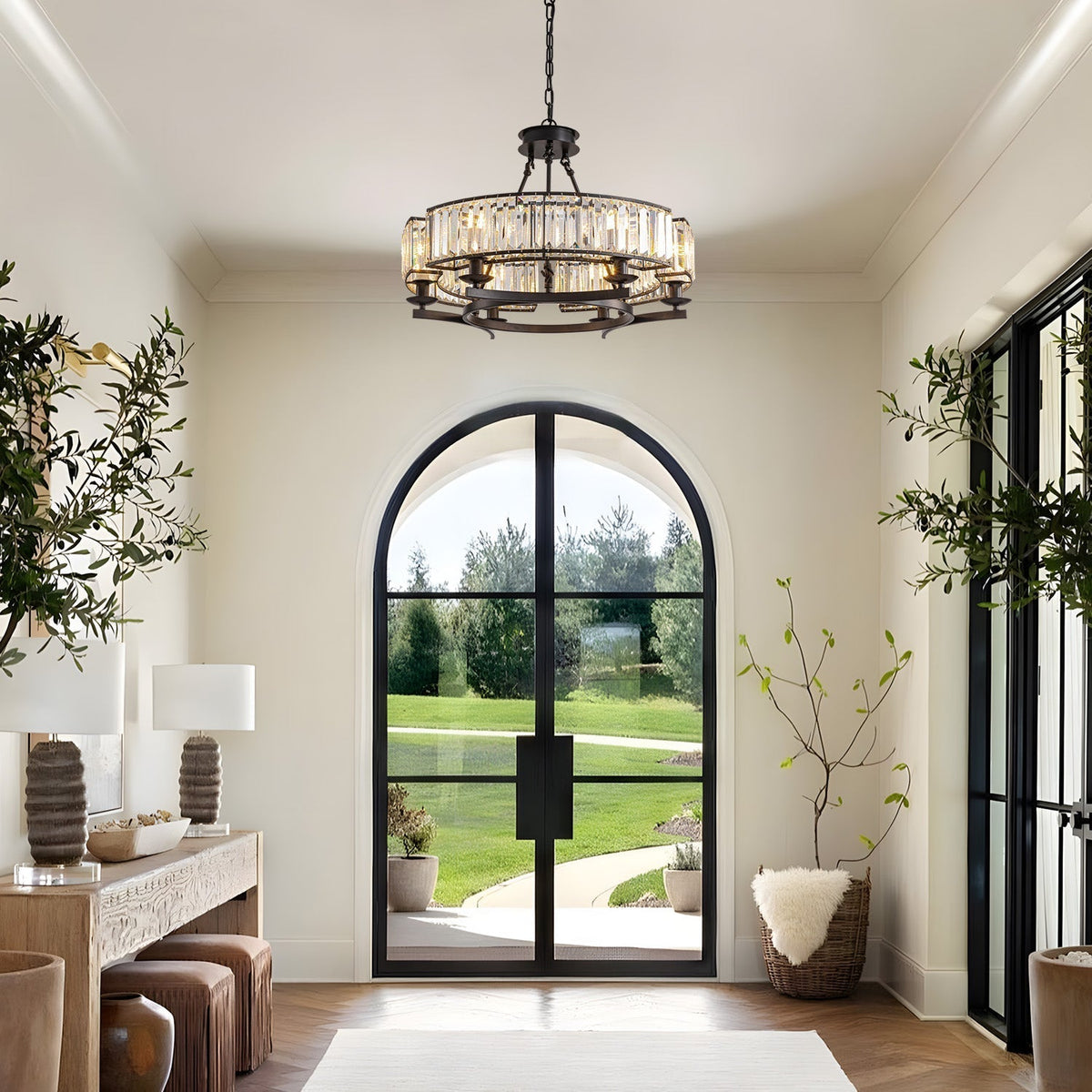 Wagon Wheel Crystal Fixture Matte Black Adjustable Hanging Light 31 Inch Dining Room Farmhouse Ceiling Lighting for Kitchen Island Living Ro | Thomler