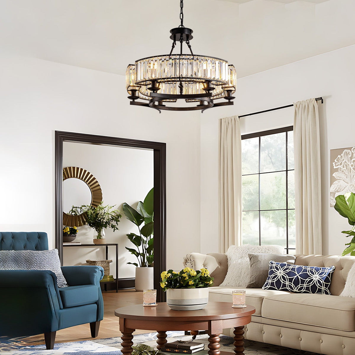 Round Overhead Fixture with Hanging Prisms for Dining Areas, Open-Concept Kitchens & Farmhouse Interiors | Adjustable Height, Wagon Wheel Fr | Thomler