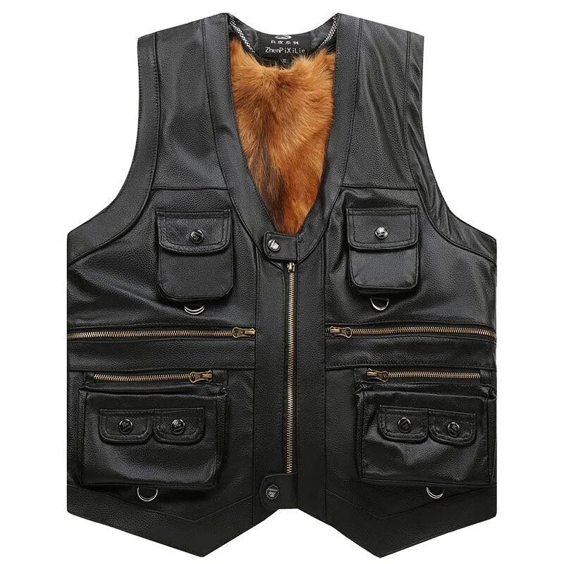 Genuine Leather Adventure Vest Sleeveless Casual Zip-Front Jacket Fall Winter Outdoor Riding Coat Men's Plus Sizes XL-7XL