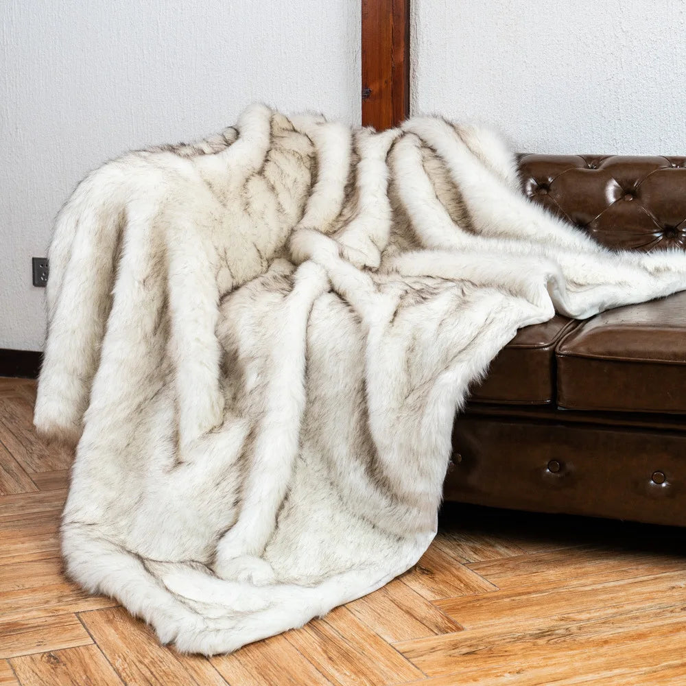 Plush Faux-Fur Accent Blanket 80×60 in Oversized Ultra-Soft Polyester Decorative Cover for Bedroom Sofa Chair Couch Neutral Tan Silver Brind | Thomler