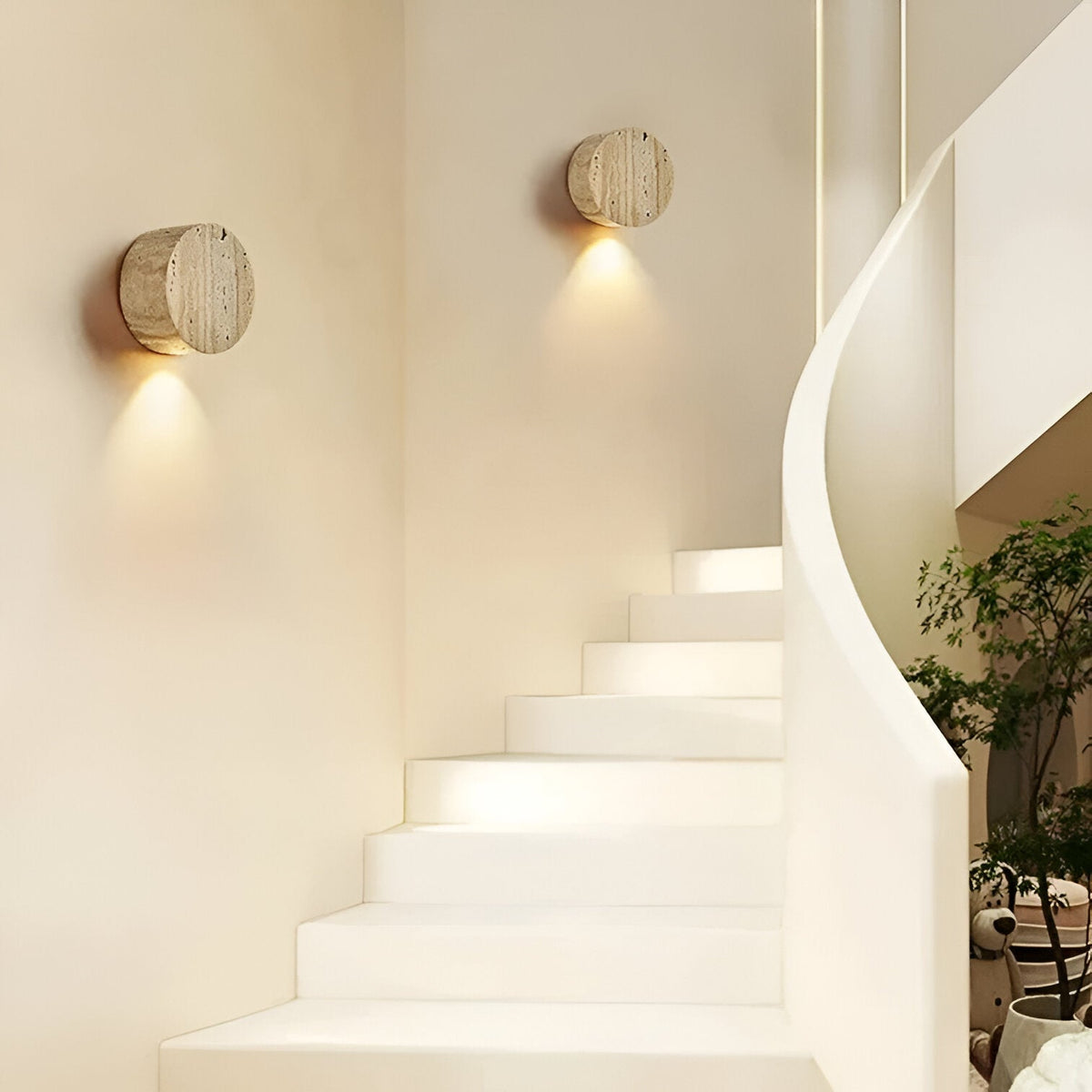 Travertine Stone Wall Sconce Round Frosted Glass Up Down Light Fixture 4 Inch Natural Stone Ambient Lighting Bedroom Hallway Entryway Bathro | Thomler