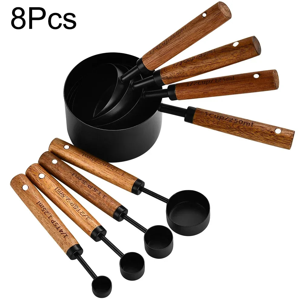 8-Piece Nesting Kitchen Measuring Spoons with Wood Handles Stainless Steel Cooking Baking Tools Set | Thomler