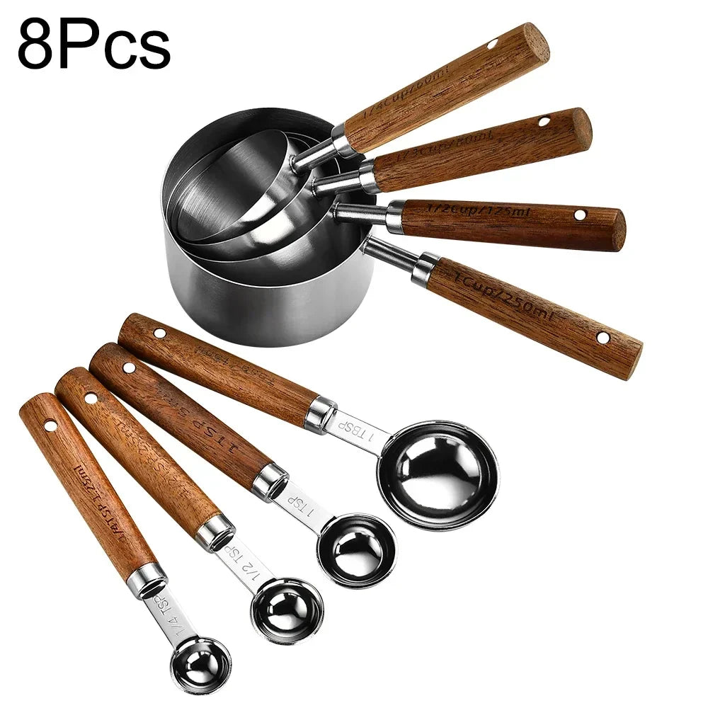 8-Piece Nesting Kitchen Measuring Spoons with Wood Handles Stainless Steel Cooking Baking Tools Set | Thomler