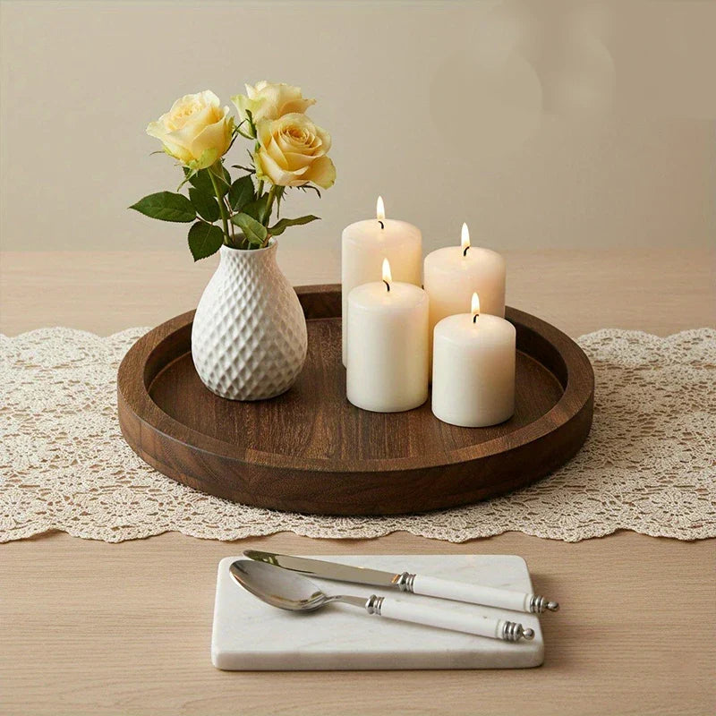 Round Wooden Serving Tray 11 inches Brown Farmhouse Coffee Table Organizer Centerpiece Display for Kitchen Counter Living Room Home Decor | Thomler