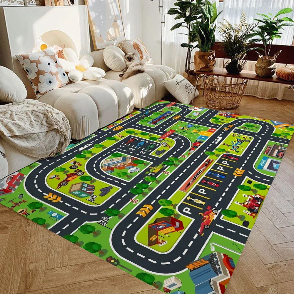 Alfombra de juegos con mapa de carreteras para niños, de franela suave antideslizante con calles de ciudad para cochecitos de juguete, ideal para cuarto de juegos, dormitorio o guardería, tapete lavable de 4 pies × 5 pies para niños pequeños | Thomler