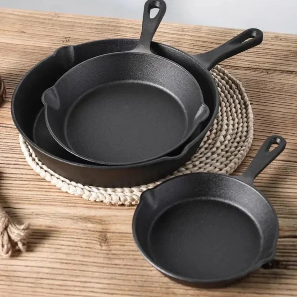 Cast Iron Skillet Set 3-Piece 6.3 8 10 Inch Black Uncoated Frying Pans Gas Electric Induction Campfire Cookware Stovetop to Oven Kitchen | Thomler