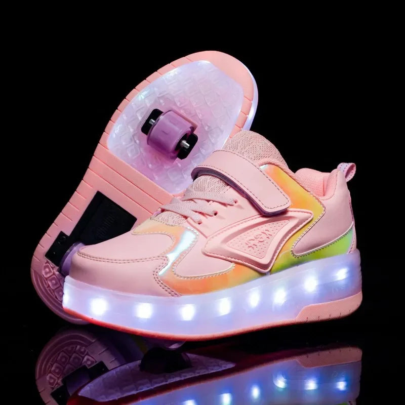 Kinder-Rollenschuhe mit LED-Licht, Sneaker mit Rädern, Pink, aufladbare leuchtende Sportschuhe mit Klettverschluss für Jungen, Mädchen und Jugendliche | Thomler