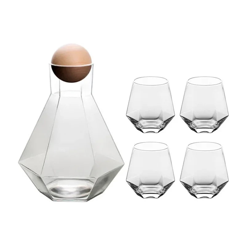 Crystal-Clear Beverage Pitcher & Tumbler Set with Geometric Faceted Design for Home Bar, Kitchen & Dining Room Entertaining | Thomler