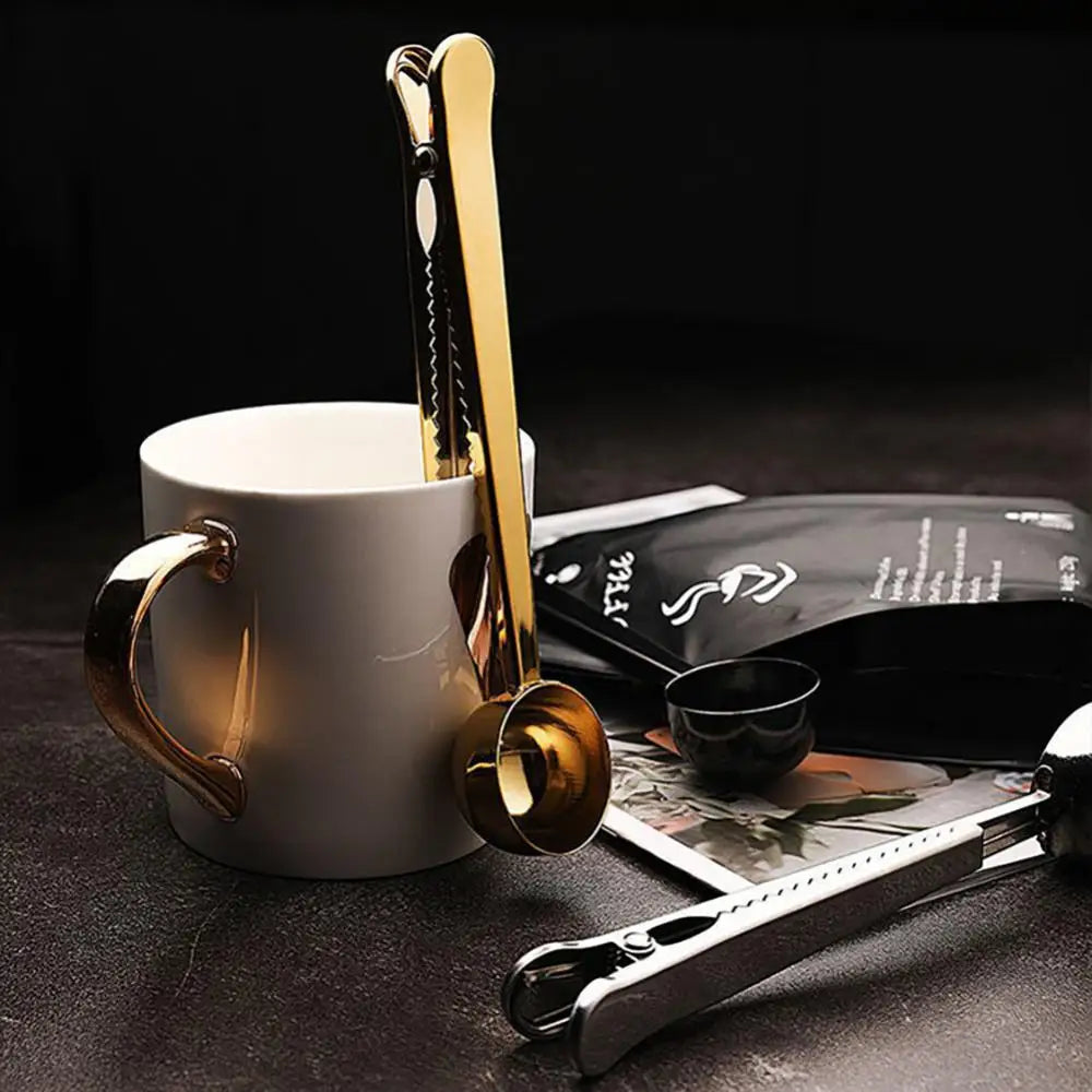 Edelstahl-Beutelverschluss mit Messlöffel, 7 Zoll, Doppelfunktions-Clip für Kaffee, Tee, Aufbewahrung, Küchenorganisation, Silber, Gold, Schwarz, Roségold | Thomler