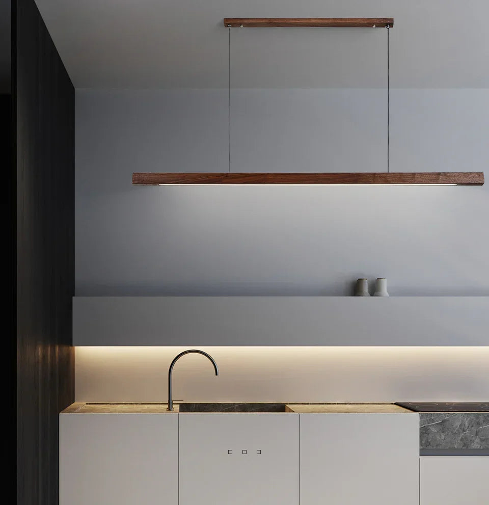 LED Wood Dining Room Fixture 47-Inch Linear Hanging Light Adjustable Height Island Chandelier Natural Pine Kitchen Suspended Lighting Modern | Thomler