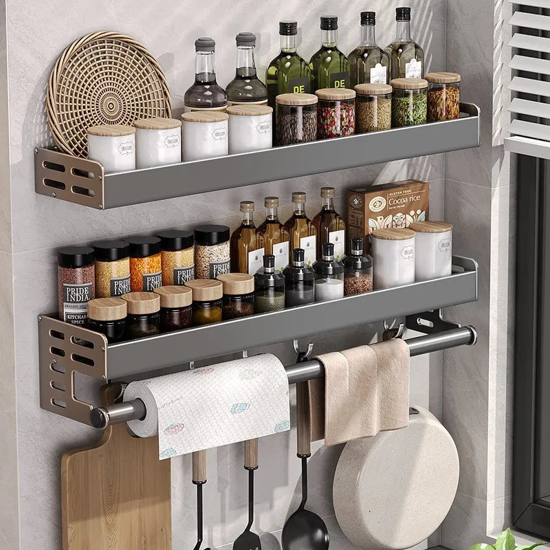 Aluminium-Regal-Organizer, Gunmetal-Grau, 50,8 cm (20 Zoll) Wand-Gewürzregal mit Handtuchhalter, klebbar oder schraubbar, für kleine Küchen oder Mietwohnungen | Thomler